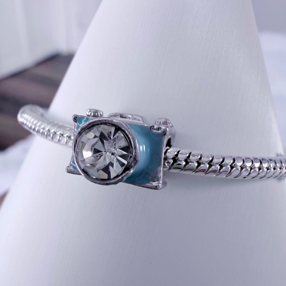 Silver Camera Bead Charm Blue Enamel Crystal Fits Snake Chain Bracelet - Picture 7 of 9